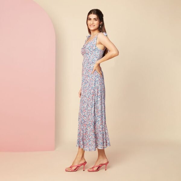 Blue Floral Printed Fit and Flare Midi Dress - Image 2