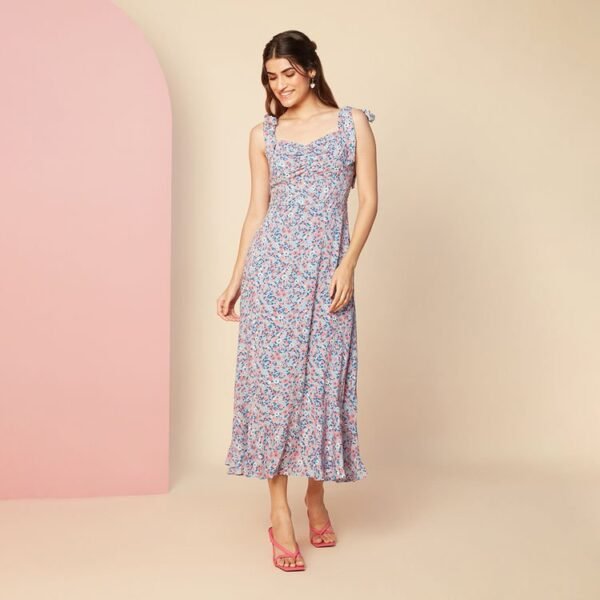 Blue Floral Printed Fit and Flare Midi Dress - Image 4